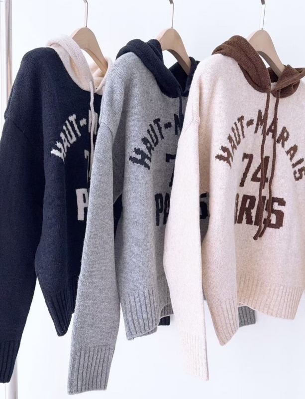 韓 配色連帽針織上衣 3色