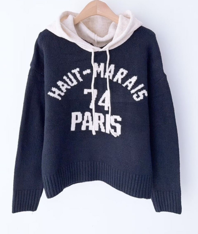 韓 配色連帽針織上衣 3色