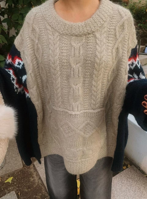 韓 麻花圖騰寬袖上衣 2色 size