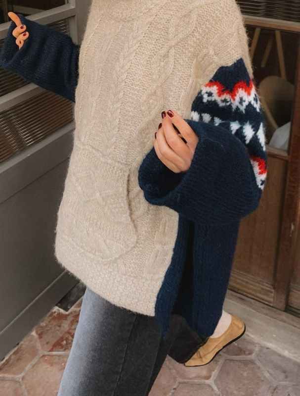 韓 麻花圖騰寬袖上衣 2色 size