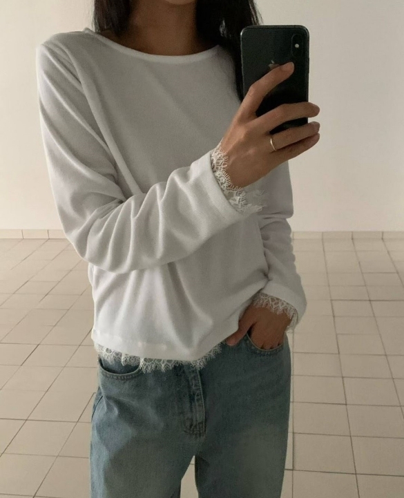 韓 袖蕾絲素色上衣 4色