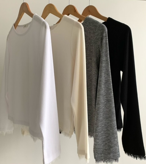 韓 袖蕾絲素色上衣 4色