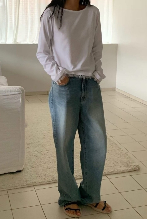 韓 袖蕾絲素色上衣 4色