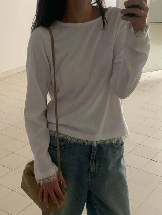 韓 袖蕾絲素色上衣 4色