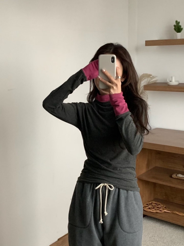 韓 假兩件式領袖配色上衣 3色