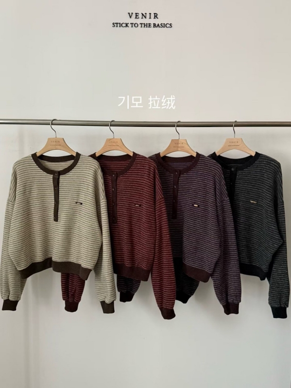 韓 圓領釦條文上衣 4色