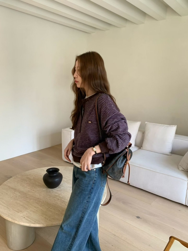 韓 圓領釦條文上衣 4色