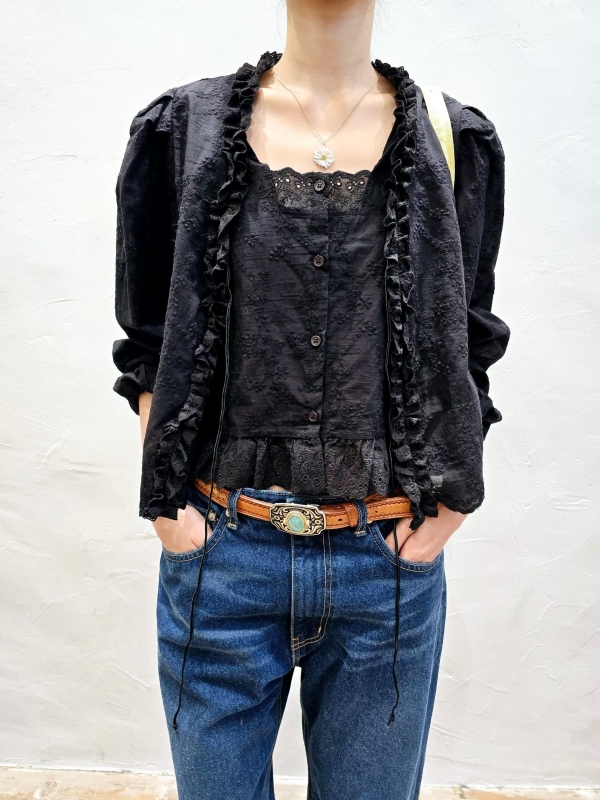 韓 假兩件式捲捲領上衣 2色