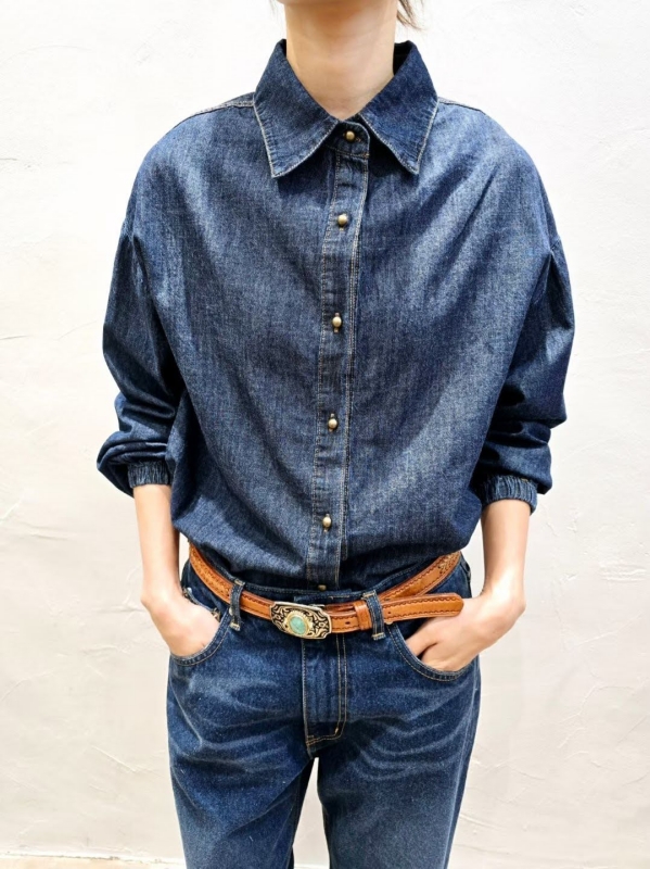 韓 袖縮口牛仔襯衫