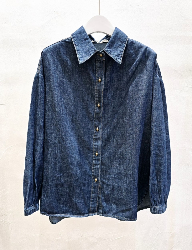 韓 袖縮口牛仔襯衫