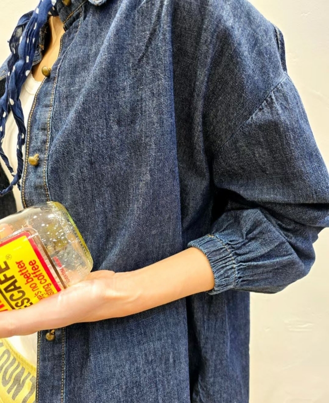 韓 袖縮口牛仔襯衫