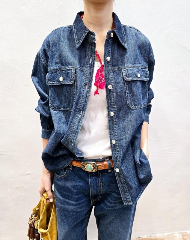 韓 雙口袋牛仔襯衫