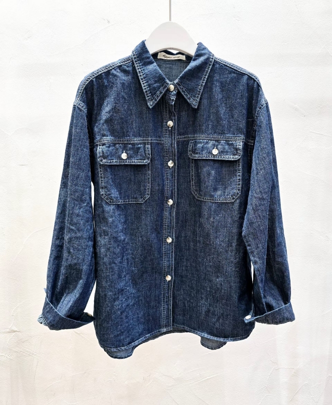 韓 雙口袋牛仔襯衫