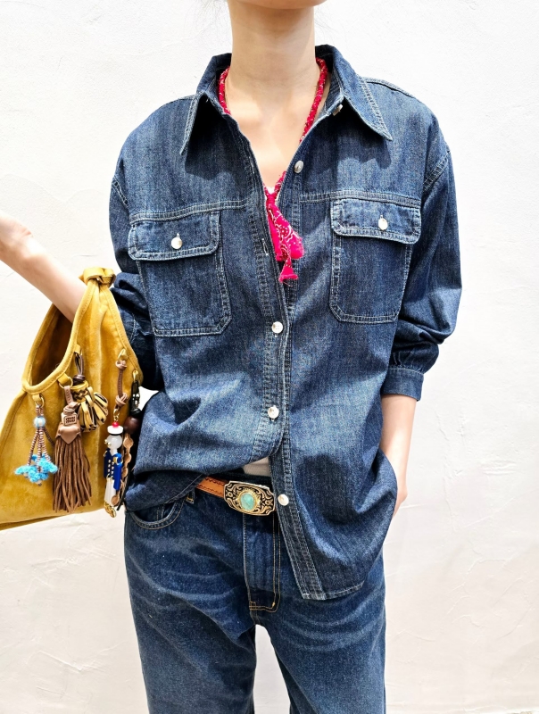 韓 雙口袋牛仔襯衫