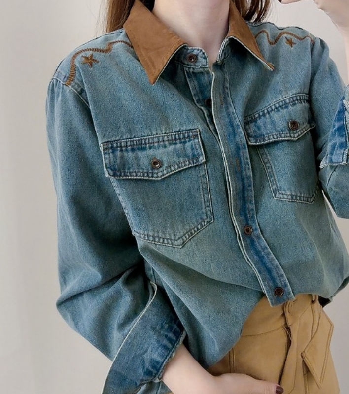 韓 繡線牛仔襯衫