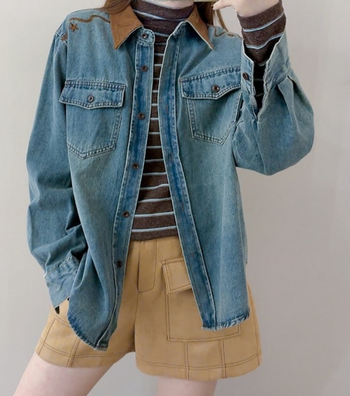 韓 繡線牛仔襯衫