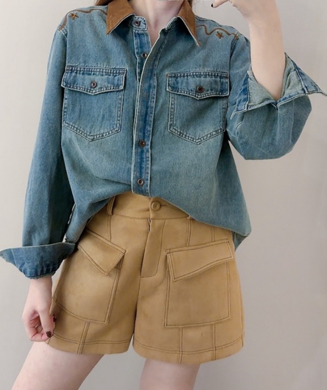 韓 繡線牛仔襯衫