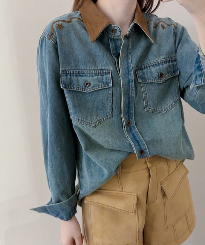 韓 繡線牛仔襯衫