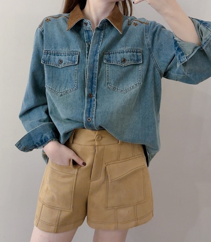 韓 繡線牛仔襯衫