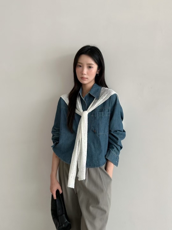 韓 大口袋牛仔襯衫