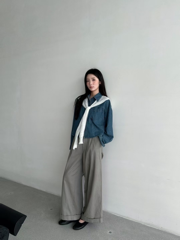 韓 大口袋牛仔襯衫