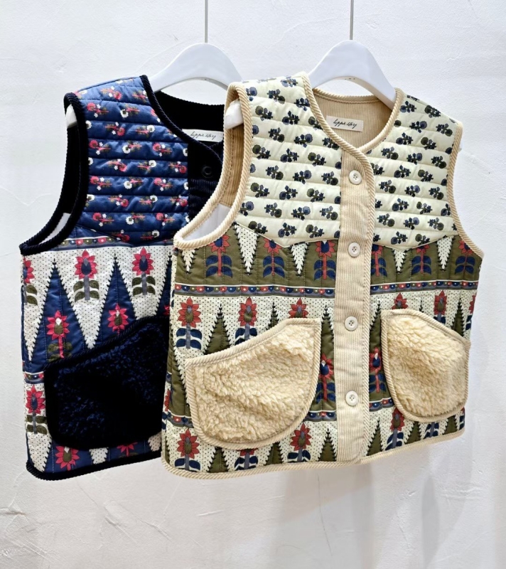 韓 小花毛毛口袋背心 2色