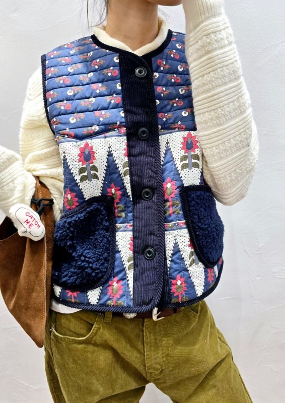 韓 小花毛毛口袋背心 2色