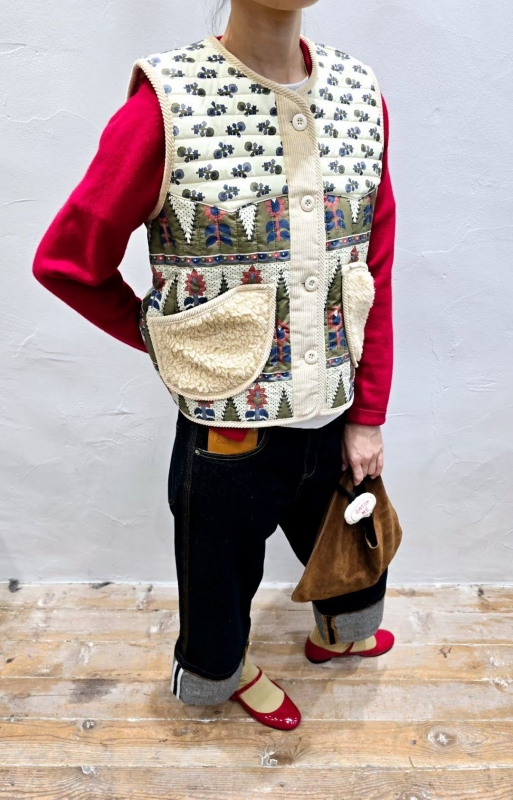 韓 小花毛毛口袋背心 2色