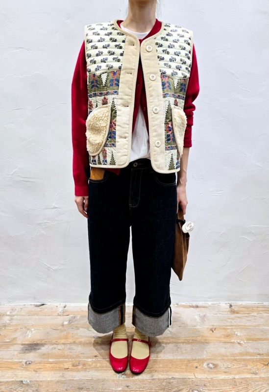 韓 小花毛毛口袋背心 2色