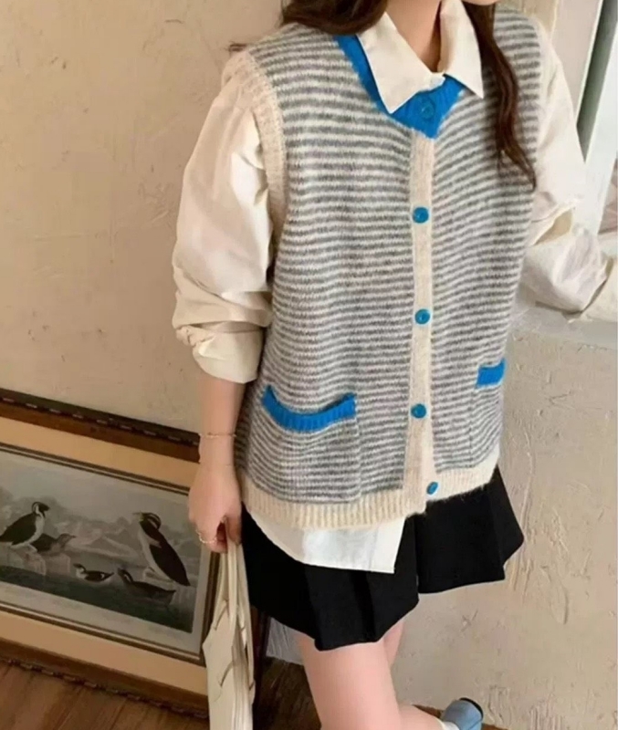 韓 拚色領條紋背心 2色