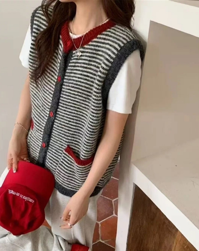 韓 拚色領條紋背心 2色