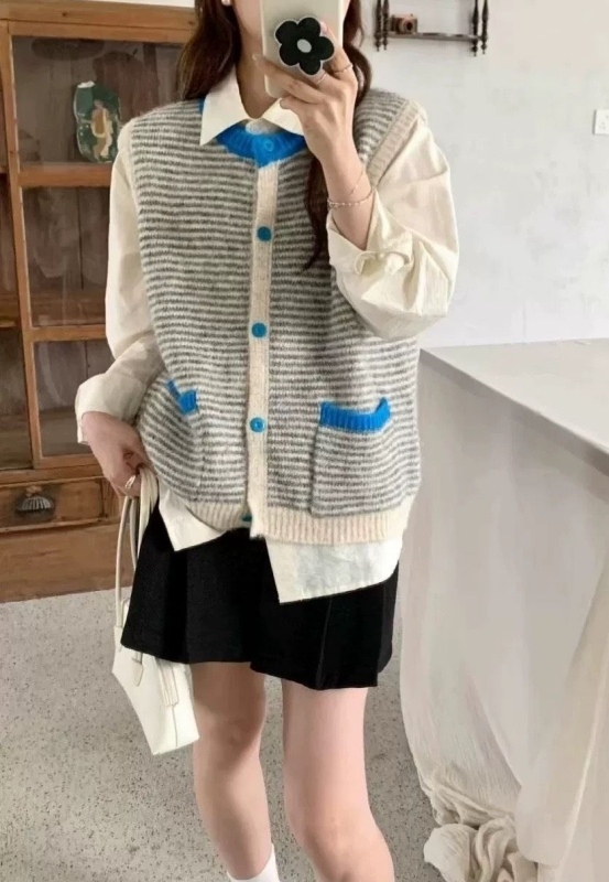 韓 拚色領條紋背心 2色