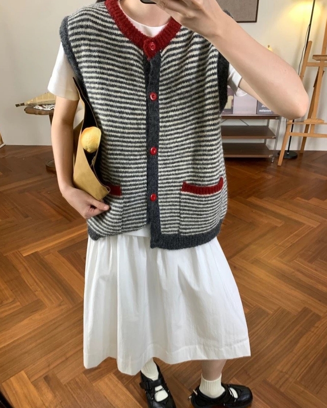 韓 拚色領條紋背心 2色