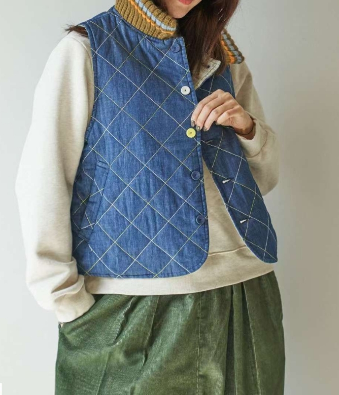 韓 配色釦壓紋背心 3色