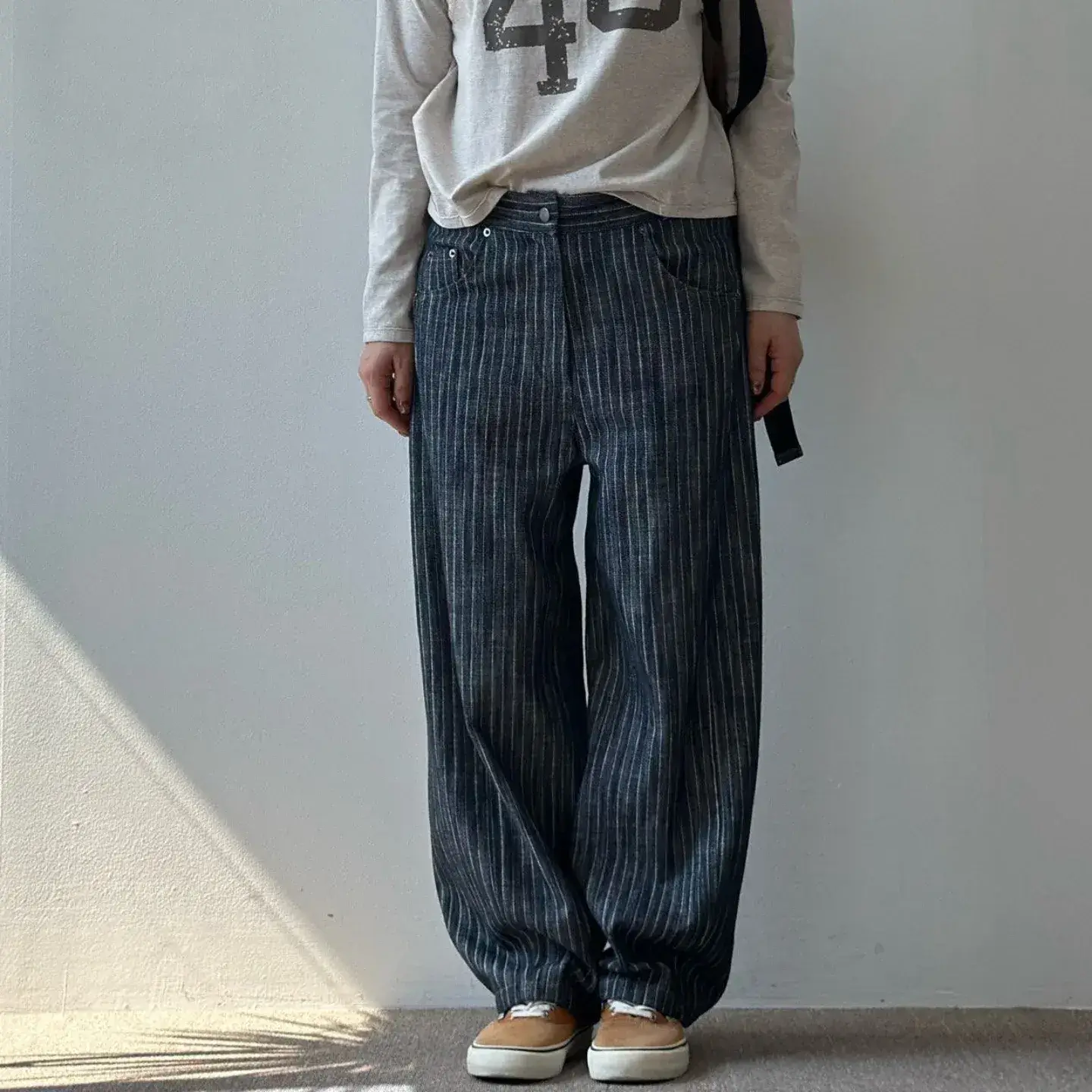 韓 直條文口袋小標褲