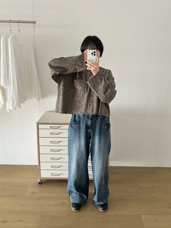 韓 直條文刷色褲