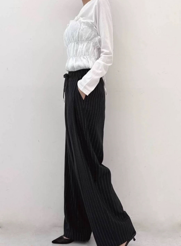 韓 直條文綁帶小寬褲 2色