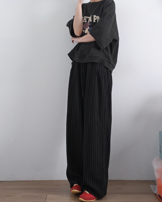 還 細直條綁帶寬褲 2色 size