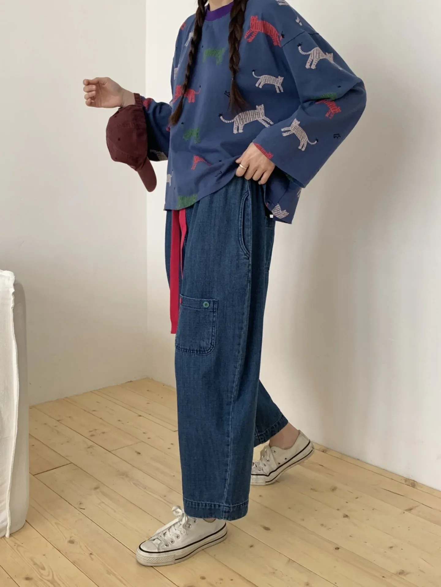 韓 配色綁帶色釦寬褲 2色 size