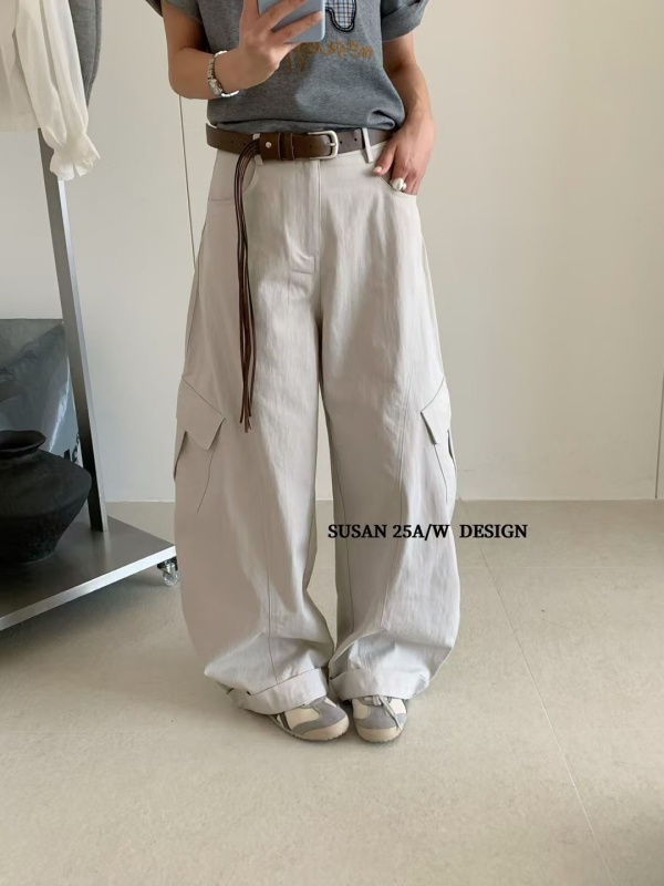 韓 附腰帶圓弧口袋寬褲 2色 size
