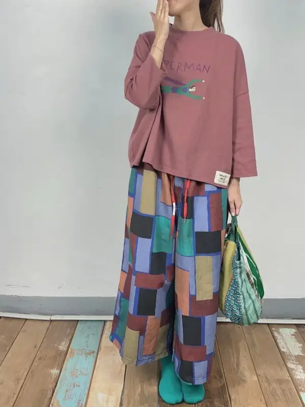 韓 繽紛拚色塊寬褲 3色