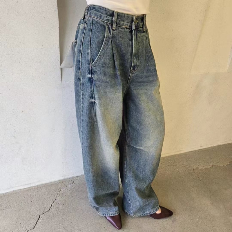韓 前抓褶斜車線牛仔寬褲
