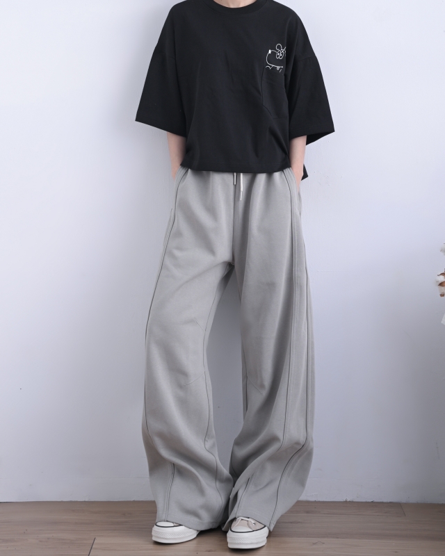 韓 斜車線綁帶休閒寬褲 2色 size