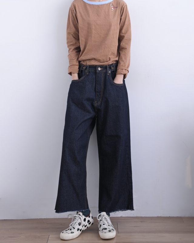 韓 腰釦深藍牛仔寬褲 size