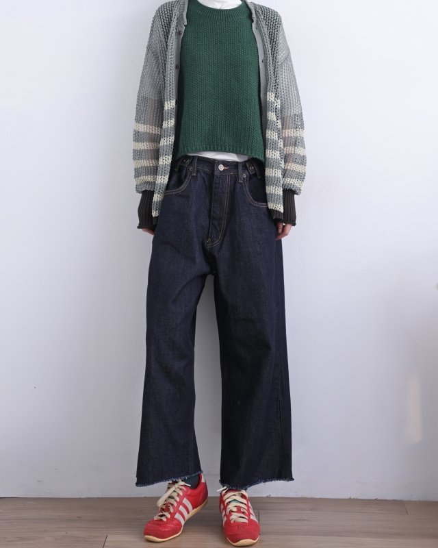 韓 腰釦深藍牛仔寬褲 size