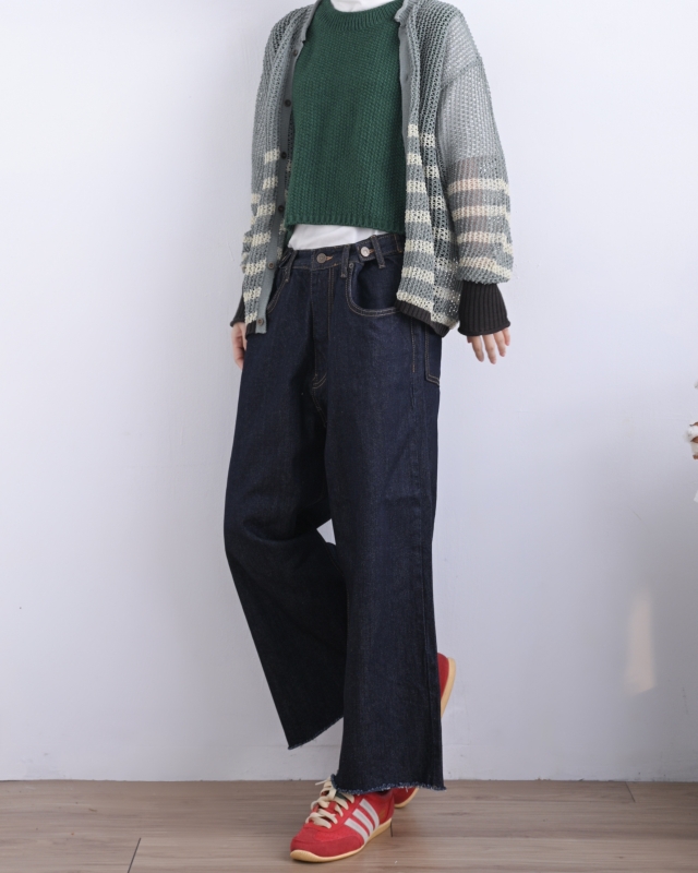 韓 腰釦深藍牛仔寬褲 size