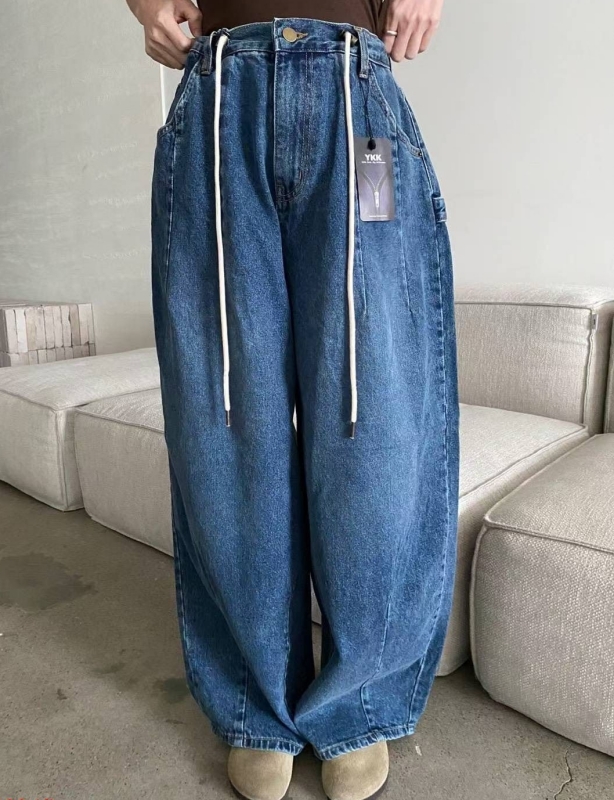 韓 綁帶刷色牛仔寬褲
