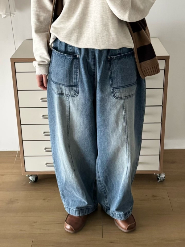韓 腰鬆緊刷色牛仔寬褲