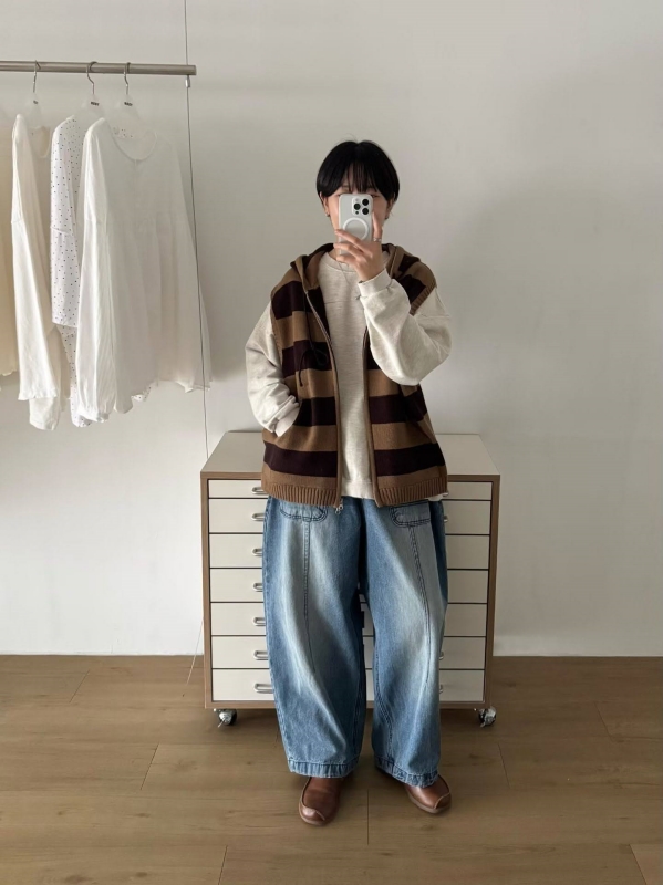 韓 腰鬆緊刷色牛仔寬褲