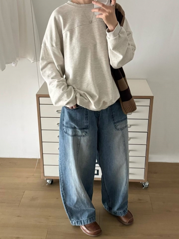 韓 腰鬆緊刷色牛仔寬褲